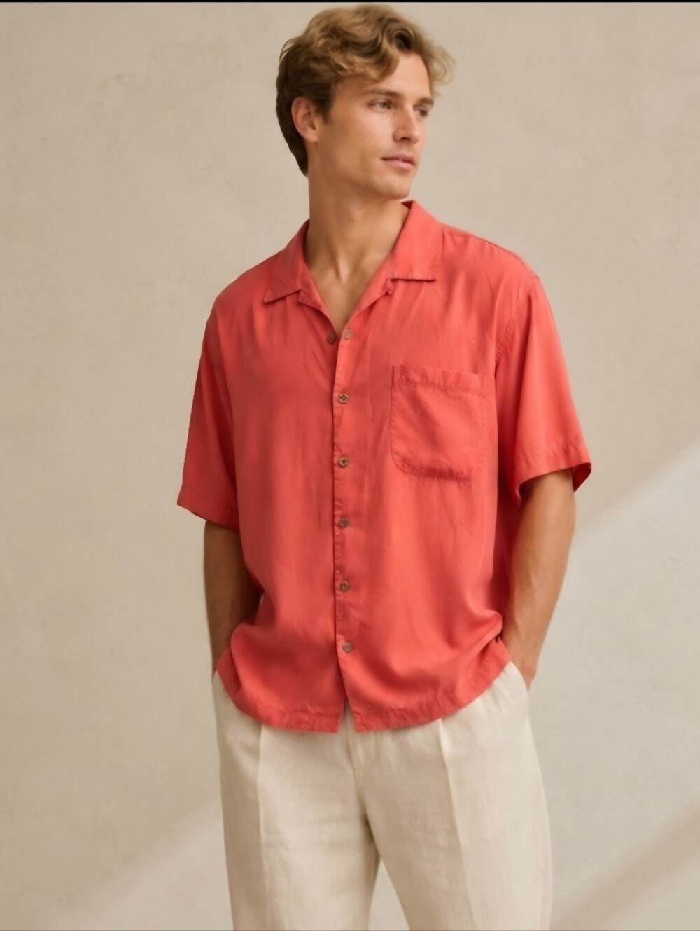 Tommy Coral Men's Silk Button Up Shirt Short Slevees Resortwear Mediterranean